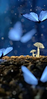 Transform your phone into a mystical forest with this breathtaking live wallpaper! A group of blue butterflies flutter around a mushroom, spreading a sense of serene beauty