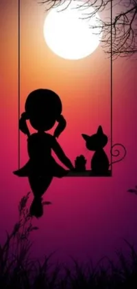 Enjoy this stunning phone live wallpaper featuring a cute chibi catgirl and her feline companion, set against a captivating redpink sunset and a starry sky