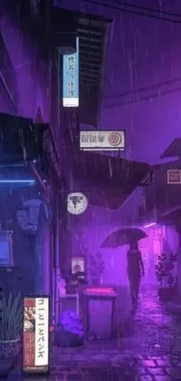 Experience the cyberpunk art style with this phone live wallpaper featuring a lone figure holding an umbrella in the rain
