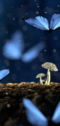 This stunning phone live wallpaper features a group of blue butterflies flying around a mushroom in a serene forest setting