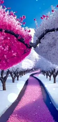 This live phone wallpaper features digital art by Ren Renfa showcasing two white and pink trees with snow on the ground and branches