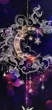 This live wallpaper depicts a detailed and ornate night sky with a crescent moon and stars by Chica Macnab