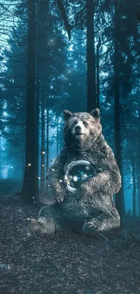 This phone live wallpaper is a digital art masterpiece featuring a large brown bear holding a shining orb of data in the midst of a magical forest