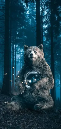 This live wallpaper for phones features a regal bear in a forest, holding a glowing crystal ball