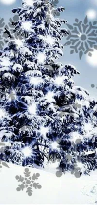 This phone live wallpaper features a stunning digital rendering of a Christmas tree in a snowy setting