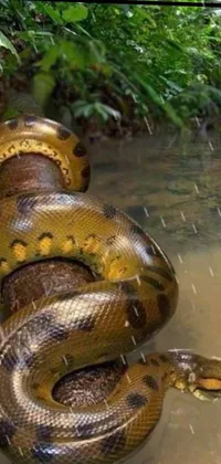 This mesmerizing live wallpaper captures a striking image of a snake in a jungle river