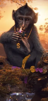 Get mesmerized by this stunning phone live wallpaper featuring a digitally created monkey sitting on a tree and smoking a magical bong
