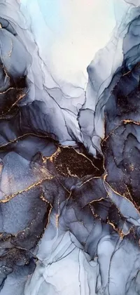 This phone live wallpaper showcases a stunning close-up painting, predominantly tinted in blue and gold hues against a marble-inspired background