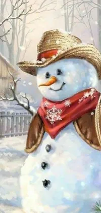 This phone live wallpaper features a charming digital rendering of a snowman, wearing a hat and scarf and surrounded by snowflakes
