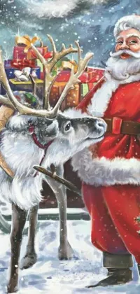 This live wallpaper depicts a stunningly realistic painting of Santa Claus alongside his reindeer