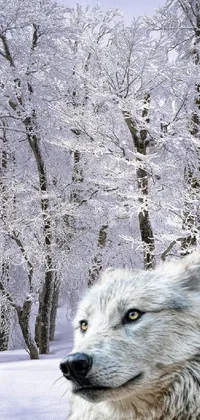 This live wallpaper depicts a majestic wolf lying in the snow amidst a magical forest