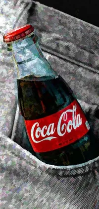 This unique phone wallpaper features a Coca Cola bottle resting in an open navy blue sweatshirt pocket, with a black and white image of a man's face inside