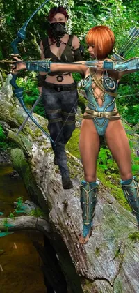 Adorn your phone screen with this stunning live wallpaper that depicts two fierce women standing atop a tree trunk, poised to take on any challenges
