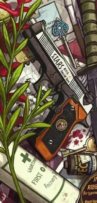 This live wallpaper depicts a table filled with detailed items in the style of a GTA V poster