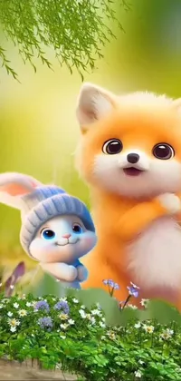 This live wallpaper features two cute animals, a fox and bunnies, standing next to each other in a detailed and playful background