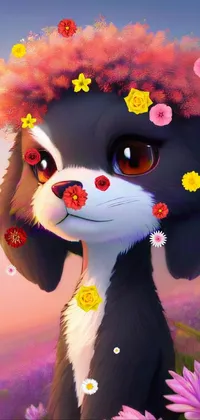 This lovely live iPhone wallpaper features a 3D Littlest Pet Shop dog wearing a cute hat, set against a beautiful field of flowers