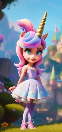 This stunning phone live wallpaper depicts a magical scene of a vibrant pink cartoon unicorn standing in front of an enchanting castle