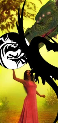 This digital phone live wallpaper features a mysterious woman holding a black and white dragon on a dragon-skin background