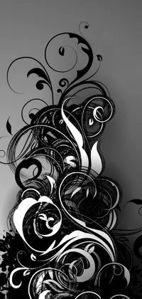 This phone live wallpaper features a captivating black and white photo of a swirly vector art design with intricate patterns