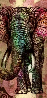This phone live wallpaper showcases a stunning psychedelic drawing of an elephant with intricate tribal paint covering its full body