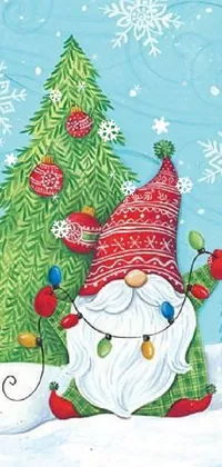 This festive live wallpaper features a delightful painting of a snowman and Christmas tree with a charming gnome named Eldon