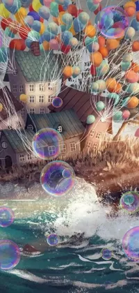 This live wallpaper features a charming painting of a house floating on multicolored balloons above a body of water