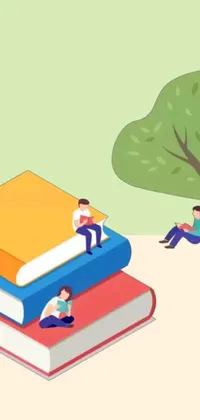 This live phone wallpaper showcases a vibrant group sitting on top of an imposing pile of books