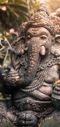 This live wallpaper features a statue of an elephant surrounded by a lush garden, sparkling water fountain, and incense smoke