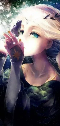 This live wallpaper depicts a girl with white hair holding a flower in close-up
