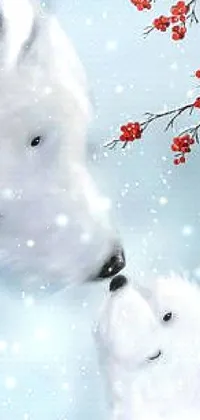 This live wallpaper for your phone depicts two polar bears standing in a wintry landscape, surrounded by a forest of tall trees and decorated with red berries and icicles