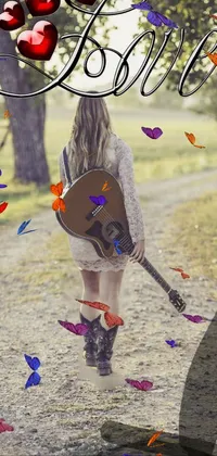 This phone live wallpaper depicts a woman holding a guitar, walking along a dusty road