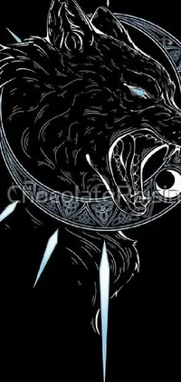 This live wallpaper for your phone depicts a fierce wolf head in black and white vector art, set against a dark black background