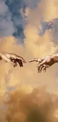 This phone live wallpaper depicts a digital artwork of two hands reaching towards each other in front of a cloudy background, evoking a sense of unity