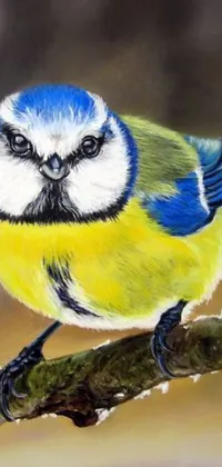 Get a stunning phone live wallpaper featuring a blue and yellow bird sitting on a branch