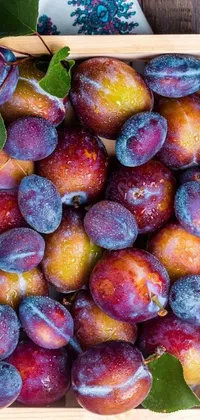 This live phone wallpaper features a stunning still life with a rich, fresh box of plums resting on a rustic wooden table