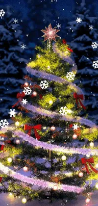 This delightful live wallpaper features a beautiful Christmas tree adorned with sparkling ornaments and a shining star in a snowy landscape