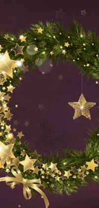 This Christmas phone live wallpaper showcases a breathtaking wreath decorated with golden stars set against a deep purple background