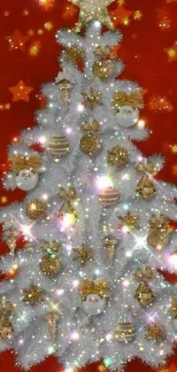 This stunning live wallpaper portrays a white Christmas tree set against a red background