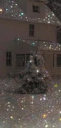 This Christmas live wallpaper showcases a holographic Christmas tree, sparkling with glitter and crystals in front of a uniquely designed tumblr style house
