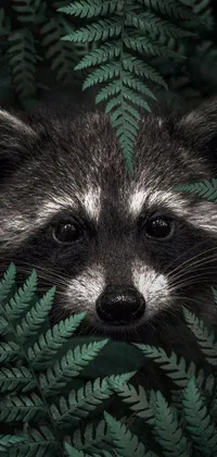 This dynamic phone live wallpaper showcases a captivating black and white portrait of a raccoon hidden amongst green leaves