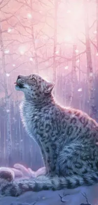 This beautiful phone live wallpaper features a stunning digital painting of a snow leopard in an arctic forest