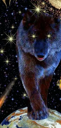 This <a href="/">animated phone wallpaper</a> features a majestic bear atop a globe under a starry sky