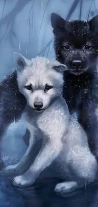 This live wallpaper features two furry animals, a white wolf and a black and white striped animal, possibly a tiger or zebra, crouching together against a dark background