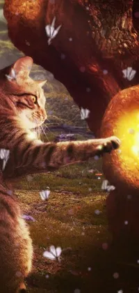 If you're a cat lover and enjoy fantasy elements, you'll adore this live wallpaper featuring a ginger cat playing with a glowing ball in a field