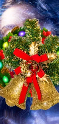 Display a stunning Christmas-themed live wallpaper on your phone, featuring a close-up of a wreath decorated with golden bells