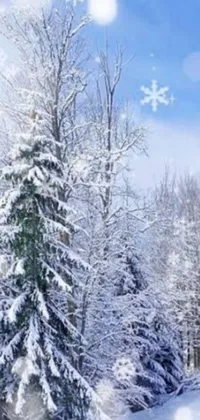 This stunning phone live wallpaper captures the beauty of winter with a snow-covered forest scene filled with trees and falling snowflakes