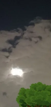 This phone live wallpaper showcases a picturesque tree against a mesmerizing full moon sky, featuring stormy clouds and bolt flashes