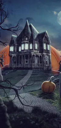Looking for a spooky phone live wallpaper? Check out this digital image of a creepy house with pumpkins in front of it