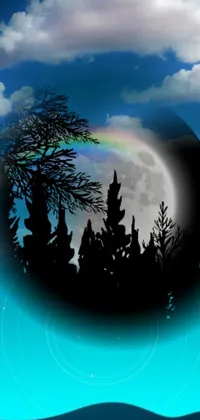 This phone live wallpaper features a full moon hologram in the forest at night surrounded by a dark rainbow nimbus, creating a mystical and eerie ambiance
