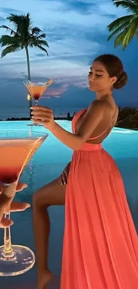 This trendy live wallpaper for your phone depicts a confident woman wearing a stunning red dress, effortlessly holding a chic cocktail glass